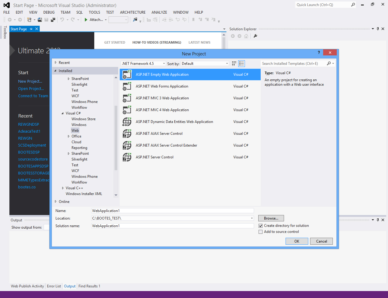 Visual Studio 2012, New Project, ASP.NET Empty Web Application