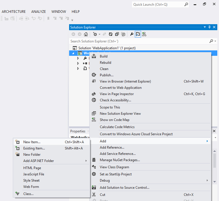 Visual Studio 2012, Solution Explorer, Add, New Item