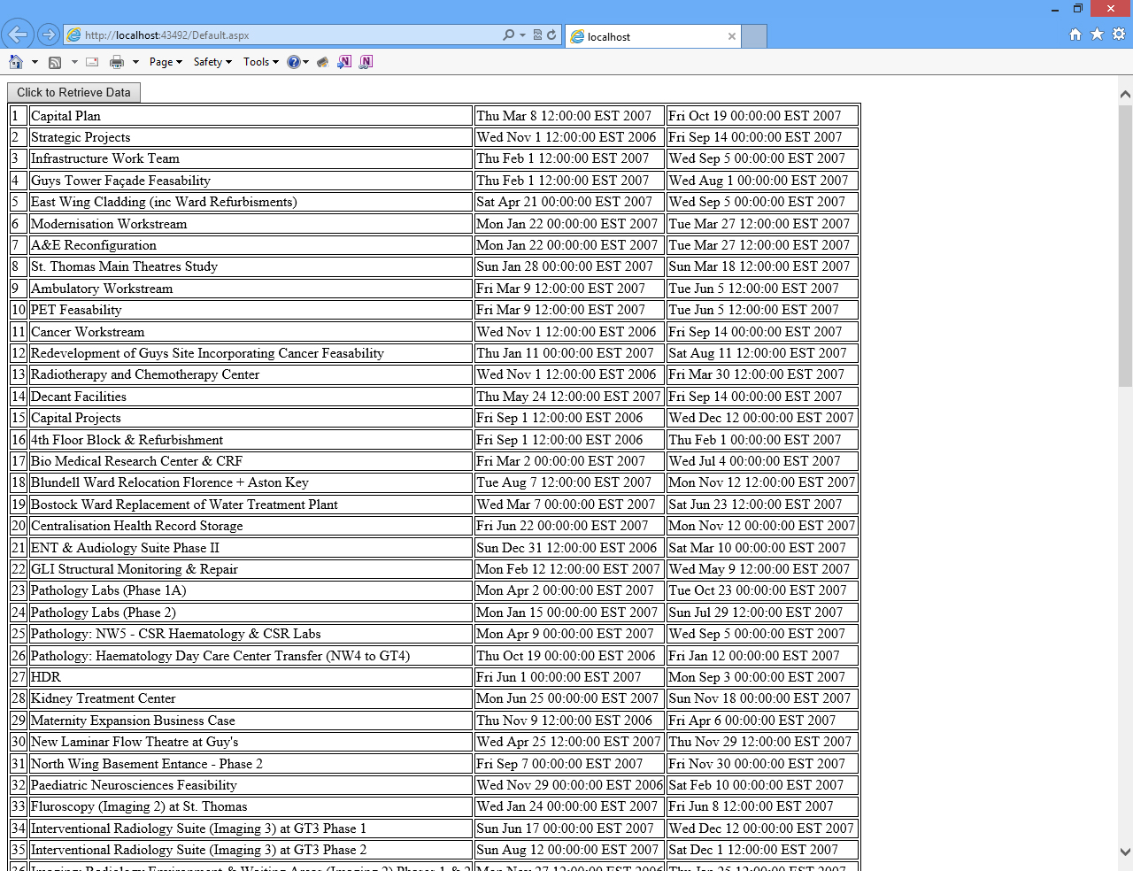 Internet Explorer page filled with information from the database
