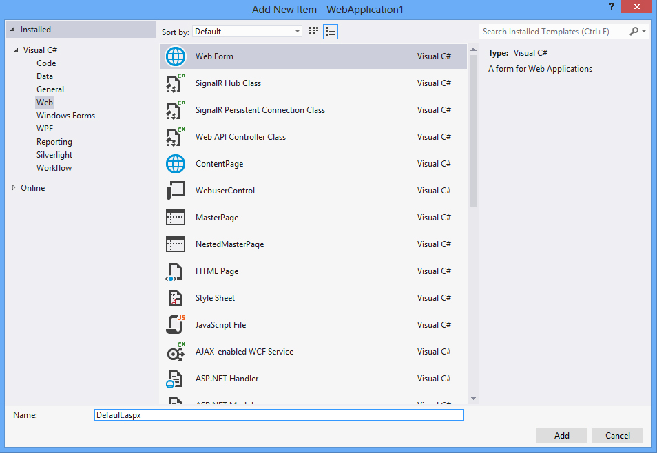 Visual Studio 2012, Add New Item, Web Form