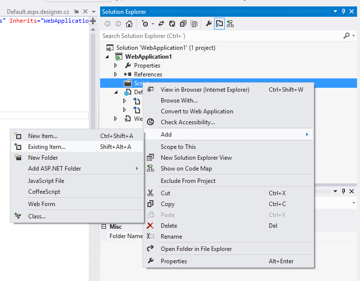 Visual Studio 2012, add existing items to folder