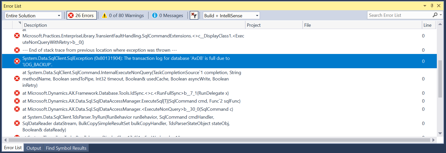 System.Data.SqlClient.SqlException (0x80131904): The transaction log for database 'AxDB' is full due to 'LOG_BACKUP'.